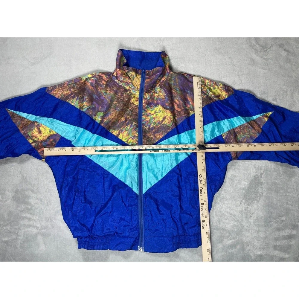 Vintage 90s Windbreaker Jacket Mens L Blue Colorblock Abstract Full Zip Nylon